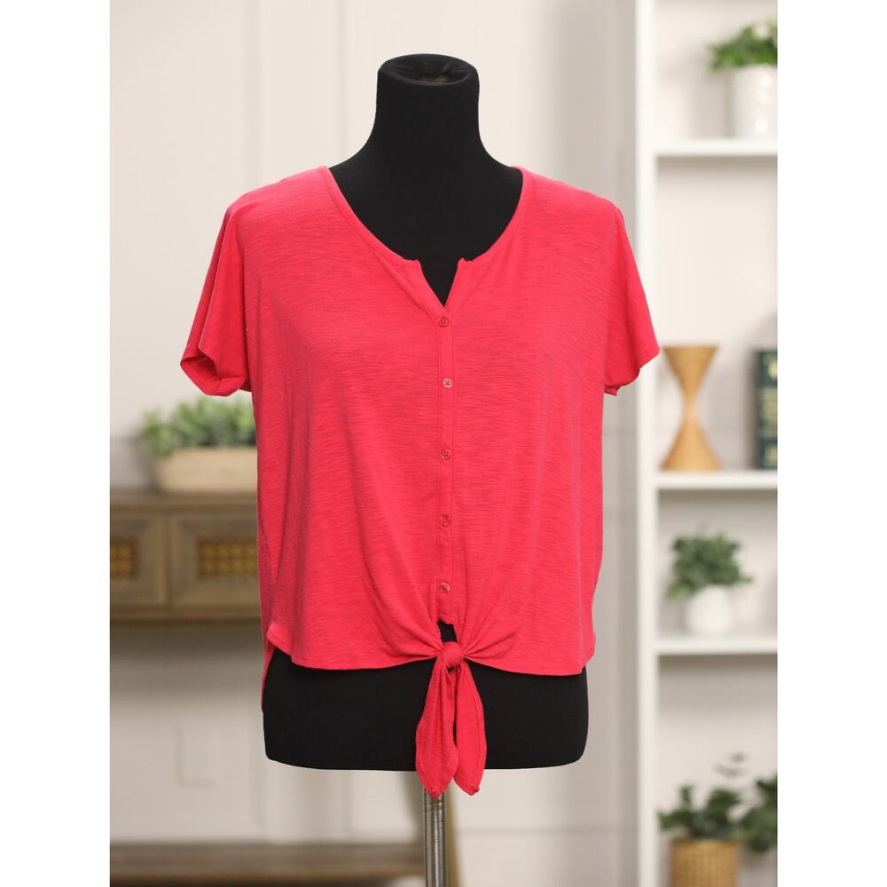 Rachel Zoe Tie Front Top Red Coral Button Front Lightweight Summer Vacation- M - Picture 5 of 12